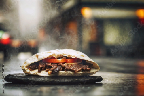 Street food, fried meat in lavash with tomatoes, pita. foggy night wet street, blurred background. Generative AI
