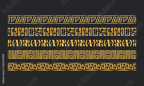 hieroglyph like and african or aztec ethnic tribe border seamless pattern set for design decoration