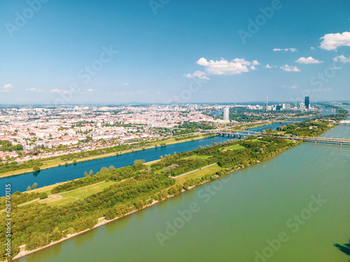 Photography Aerial drone view of Danube river in Vienna Austria cityscape with danube island