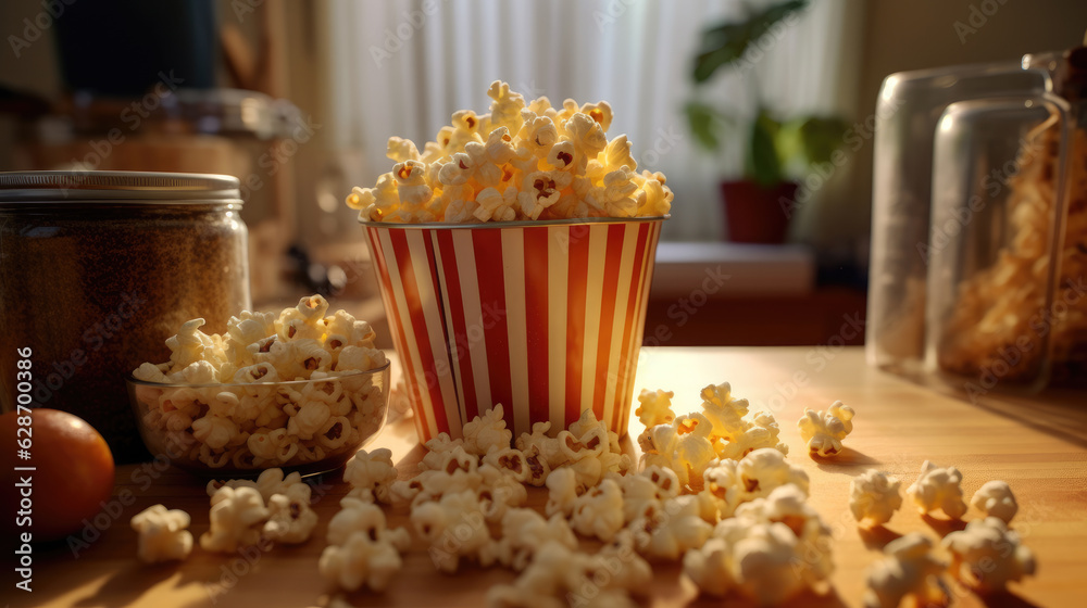Popcorn on the table in the kitchen Popcorn on the table in the kitchen