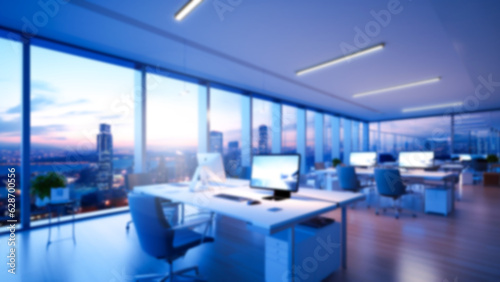 Blurred working Space Office Interior with Panoramic Windows Beautiful Dusk Light, Generative AI