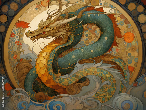 Decorative art nouveau illustration of a chinese dragon in profile on an ornate background © Philip J Openshaw 