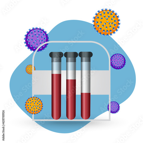 Realistic blood donor vacuum tube composition with medical equipment isolated and viruses around in vector