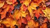 Top view of red, orange, and yellow leaves background, fallen leaves in autumn.Generative ai.
