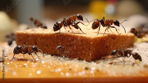 Close-up of group of ants eating discarded food crumbs and sugar spillage on table © didiksaputra