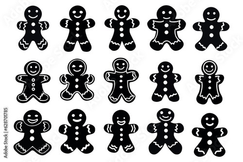 Gingerbread man black silhouette on transparent background, vector set