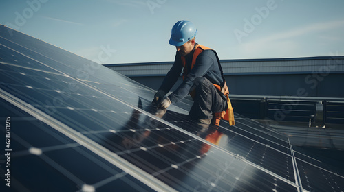 Fotografia A handyman installing solar panels on the rooftop