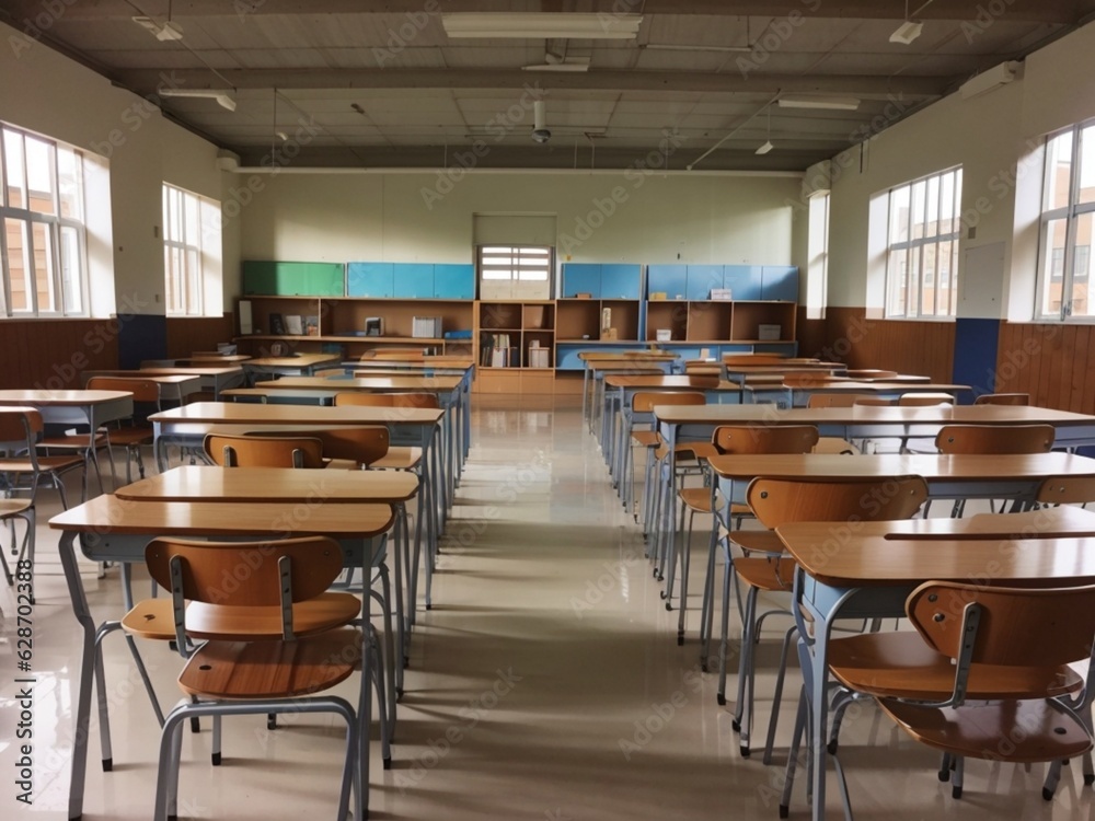 Classroom with a large table and window and chairs 