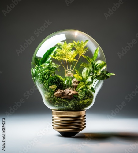 Eco friendly lightbulb with plants green Renewable and sustainable energy © omachucam