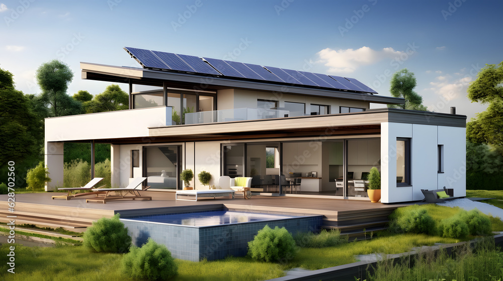 Solar panels on the gable roof of a beautiful modern home Solar panels on the gable roof of a beautiful modern home