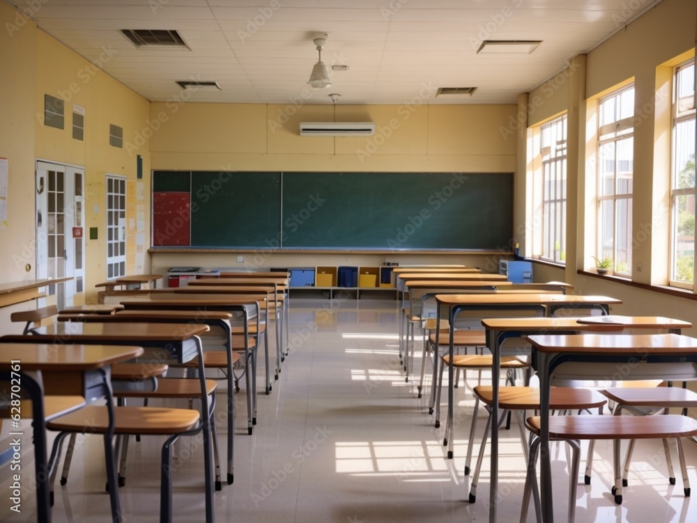 Classroom with a large table and window and chairs Classroom with a large table and window and chairs