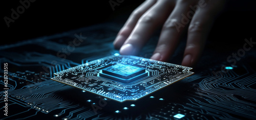 Empowering Technology: A Person Touching a Computer Chip, Embracing the Concept of Advanced Technology - Made with Generative AI