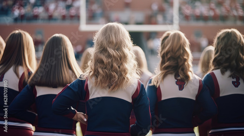 Rear view of a group of college cheerleaders performing