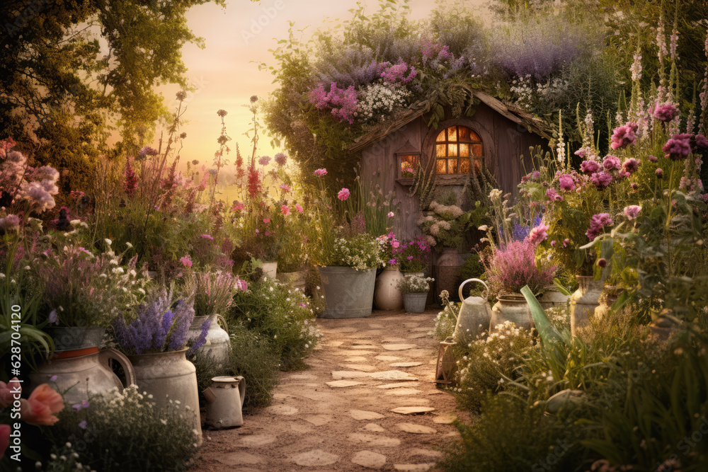 Fototapeta premium Beautiful Herbs and Flowers Garden at Golden Hour