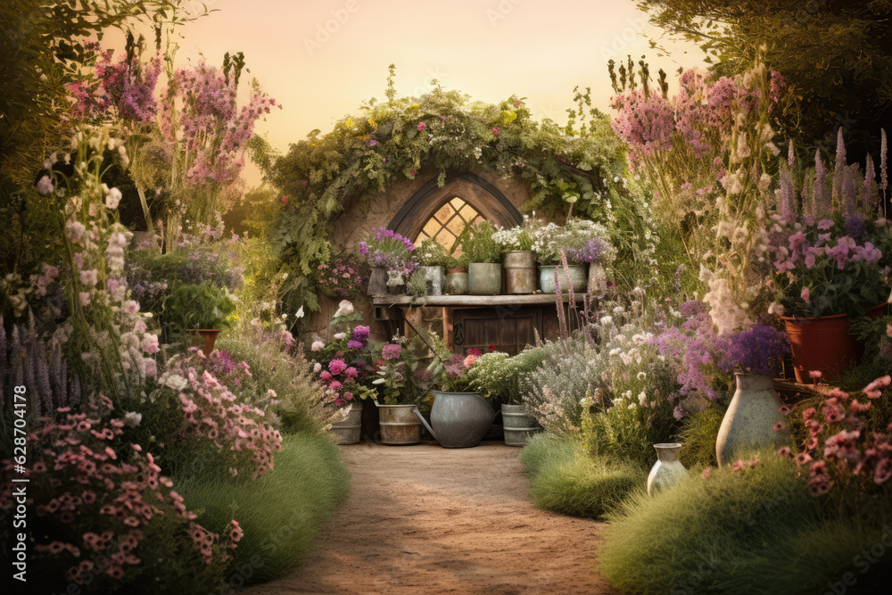 Beautiful Herbs and Flowers Garden at Golden Hour