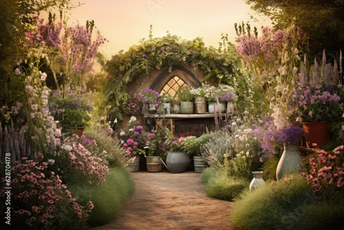 Beautiful Herbs and Flowers Garden at Golden Hour © LadyAI