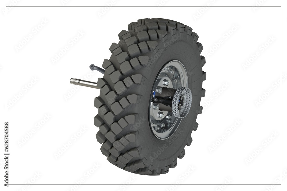 3D design of a wheel hub and automotive suspension with exploded view.