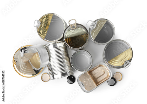 Many open tin cans isolated on white, top view