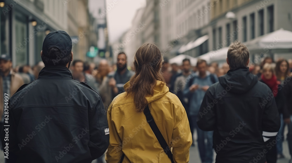 Back view of People demonstrating on the street