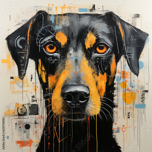 Abstract Canine Art: Dog Painted with Dripping Yellow and Black Tones - Made with Generative AI