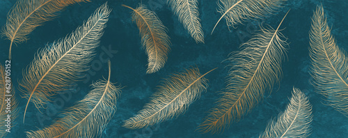 Luxury blue art background with feathers hand drawn in line style. Hand drawn vector banner for wallpaper design, packaging, textile, decor, print.