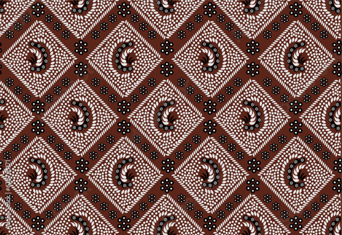 Indonesian Batik, a dyeing technique with wax applied to cloth. Development of Sidomukti motifs with various colors