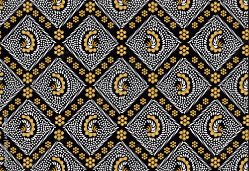 Indonesian Batik, a dyeing technique with wax applied to cloth. Development of Sidomukti motifs with various colors