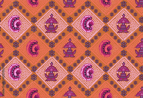 Indonesian Batik, a dyeing technique with wax applied to cloth. Development of Sidomukti motifs with various colors