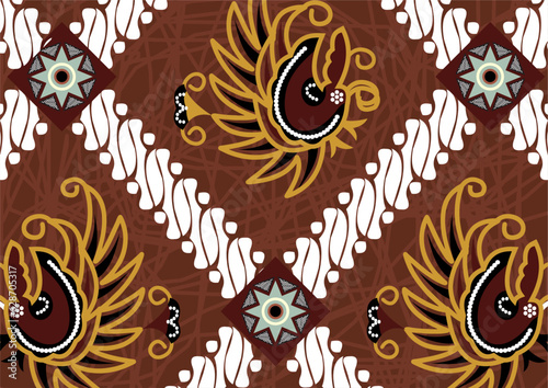 Indonesian Batik, a dyeing technique with wax applied to cloth. Development of Sidomukti motifs with various colors