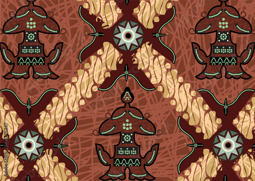 Indonesian Batik, a dyeing technique with wax applied to cloth. Development of Sidomukti motifs with various colors