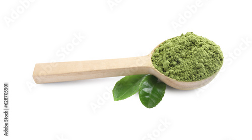Wooden spoon with green matcha powder and leaves isolated on white