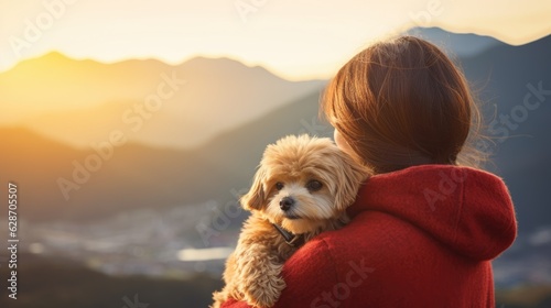 A traveler is hugging her dog in her arms while she travel on her summer holiday. 