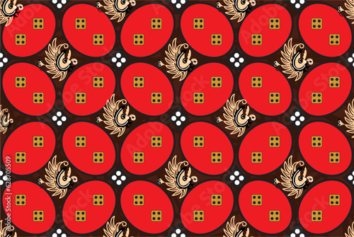 Indonesian Batik, a dyeing technique with wax applied to cloth. Development of Kawung motifs with various colors