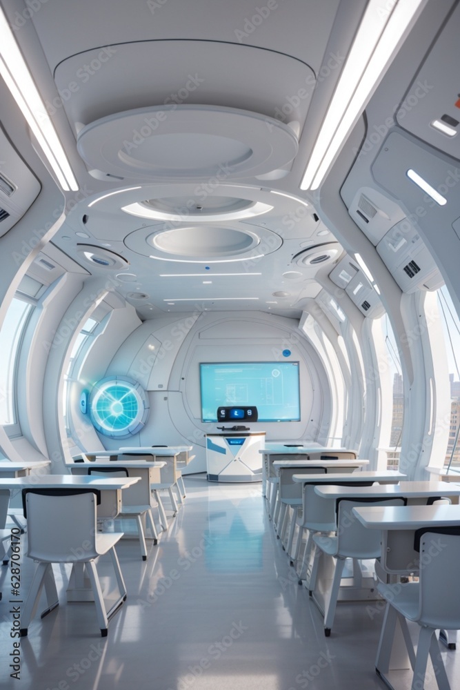 Obraz premium Futuristic classroom with a large screen and table with chairs and windows 