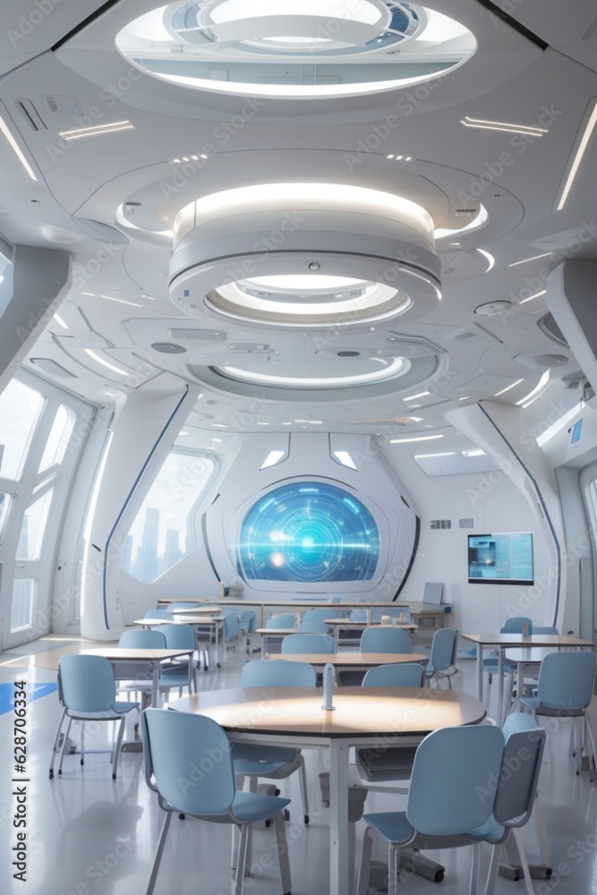 Obraz premium Futuristic classroom with a large screen and table with chairs and windows 