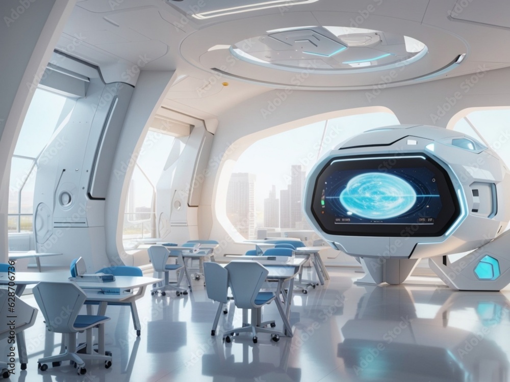 Futuristic classroom with a large screen and table with chairs and windows Futuristic classroom with a large screen and table with chairs and windows