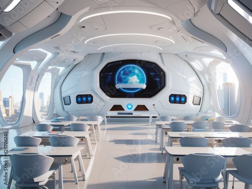 Futuristic classroom with a large screen and table with chairs and windows 