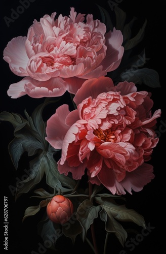 two pink peonies are sitting together against a dark background. Generative AI