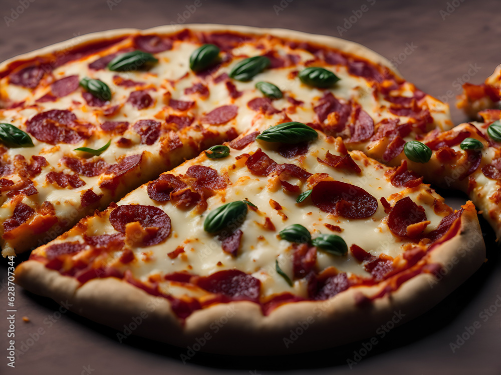 Detail of a delicious pizza stuffed with lots of cheese, providing an explosion of flavors. Impossible to resist. Generated by AI