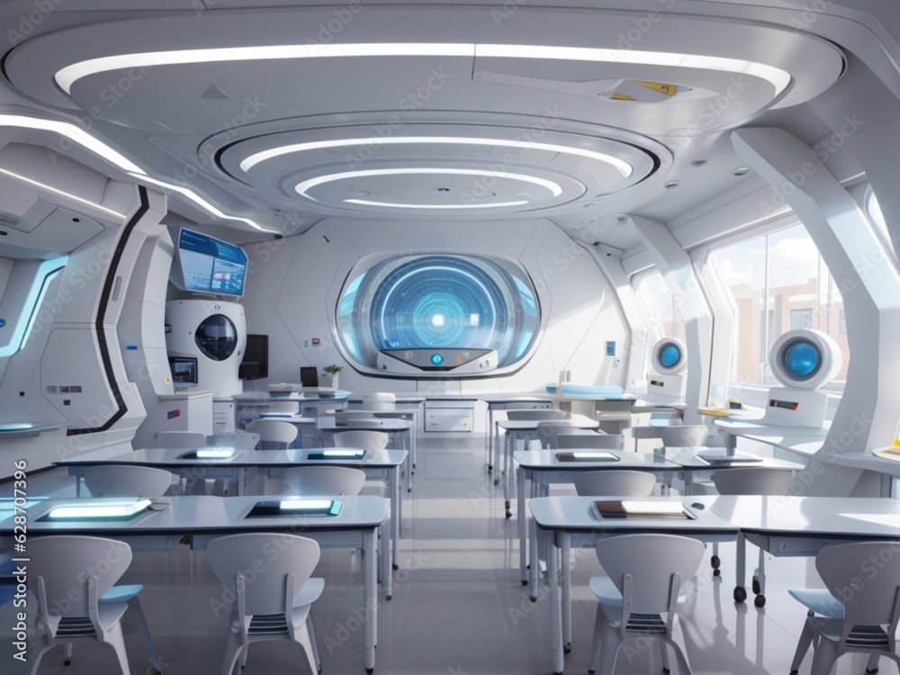 Futuristic classroom with a large screen and table with chairs and windows 