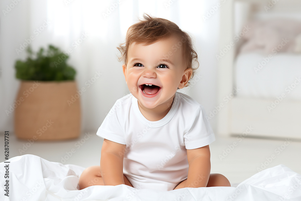 Smiling happy child. Portrait Of Adorable Little Kid Wearing Bodysuit Resting In Bedroom, Copy Space Smiling happy child. Portrait Of Adorable Little Kid Wearing Bodysuit Resting In Bedroom, Copy Space