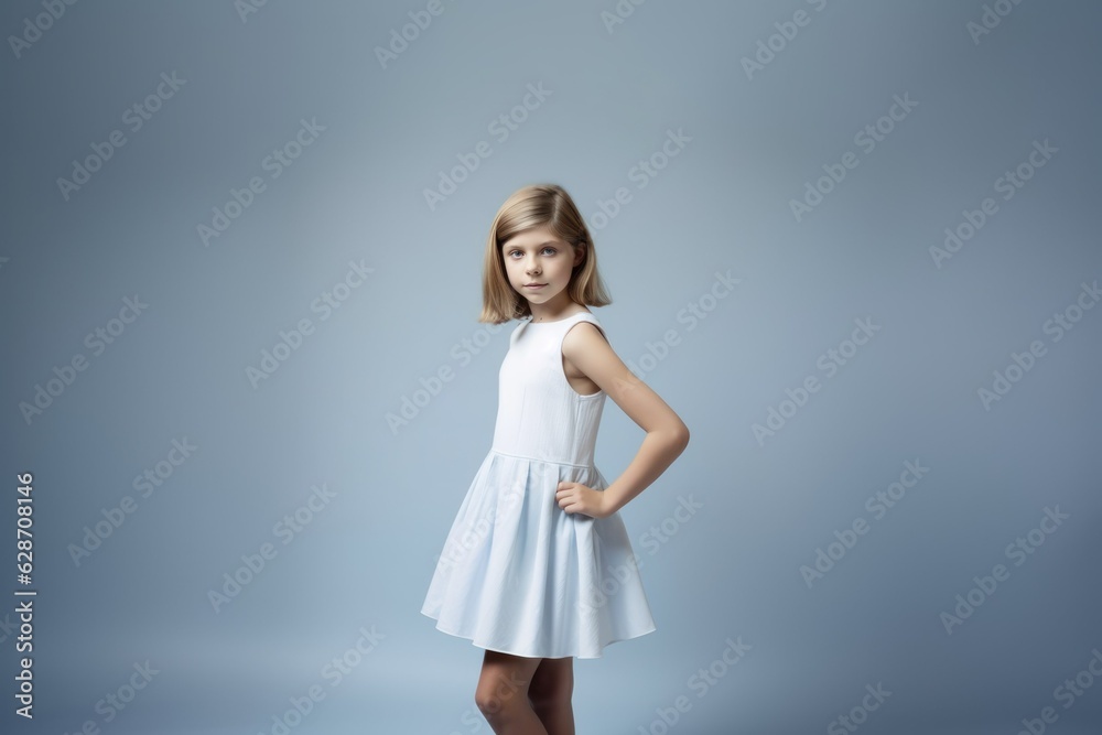 Portrait of a fictional elegant cute young girl wearing a white sundress isolated on a light blue background. Generative AI.