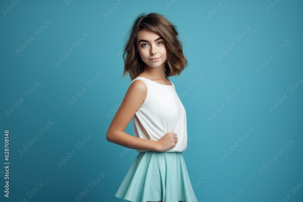 Portrait of a smiling fictional young elegant and stylish woman model. Isolated on a plain colored background. Generative AI. Portrait of a smiling fictional young elegant and stylish woman model. Isolated on a plain colored background. Generative AI.