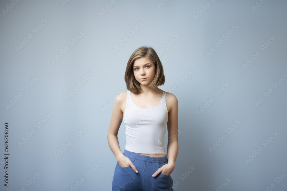 Portrait of a smiling fictional young elegant and stylish woman model. Isolated on a plain colored background. Generative AI. Portrait of a smiling fictional young elegant and stylish woman model. Isolated on a plain colored background. Generative AI.