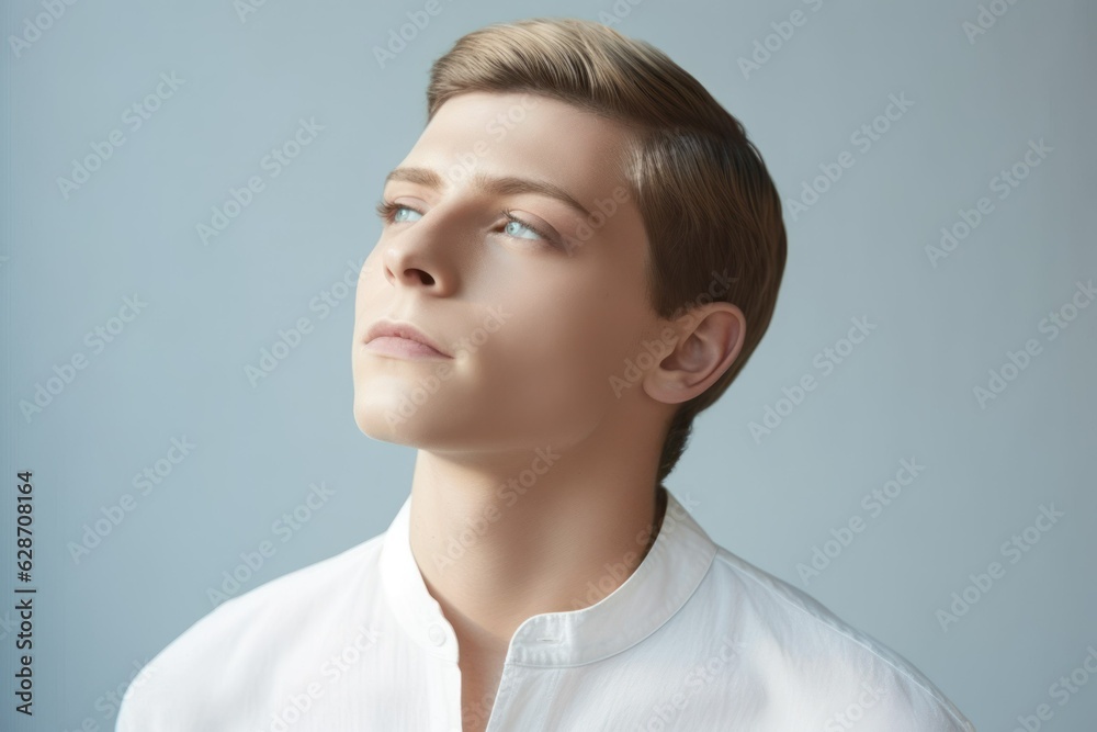 Portrait of a fictional young white man isolated on a light blue background. Generative AI. Portrait of a fictional young white man isolated on a light blue background. Generative AI.