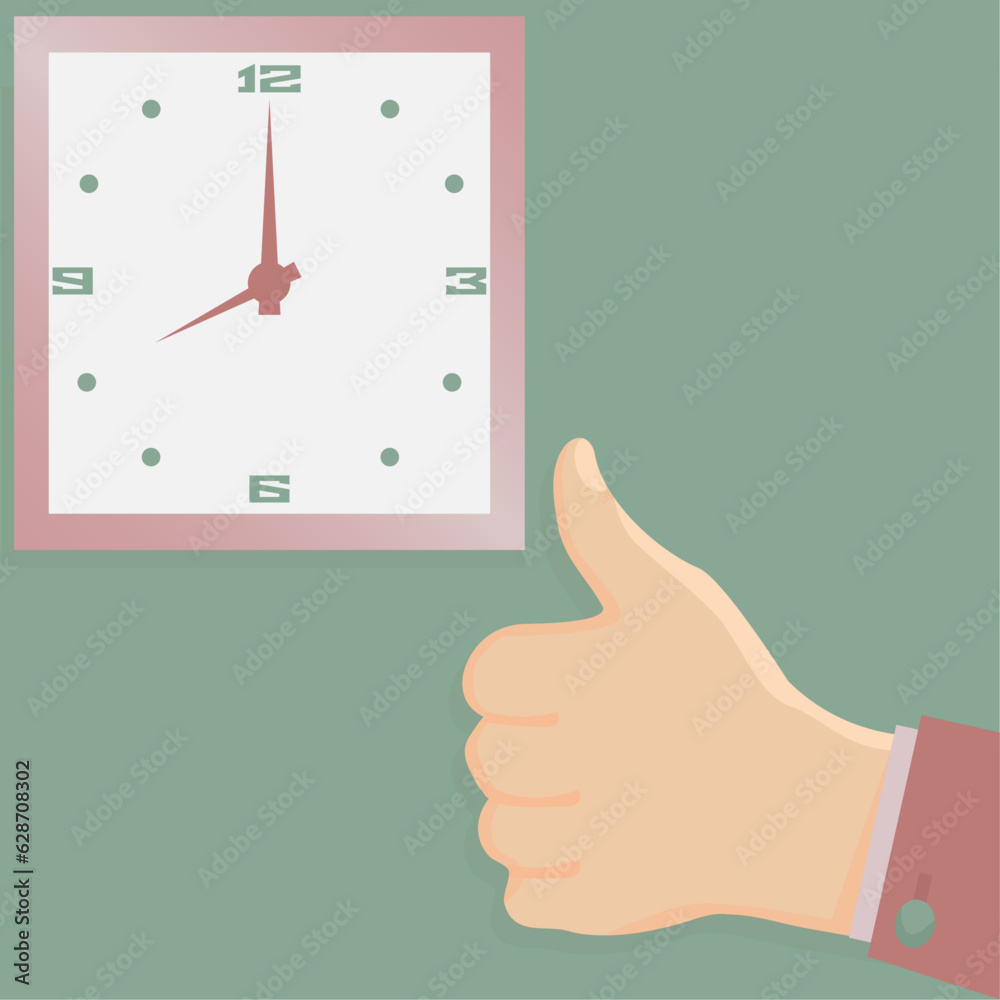 Time is 8 am on a square clock and a thumbs up on a green background ...