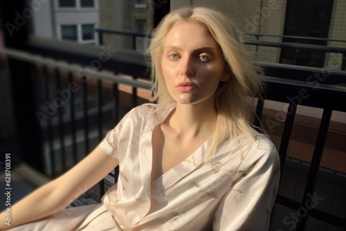 Beautiful fictional pale thin blonde woman model wearing an elegant white dress sitting on a balcony. Generative AI.