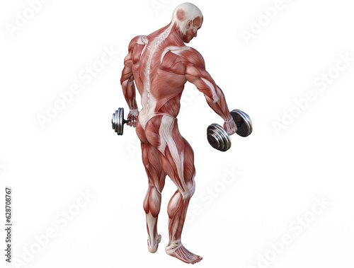 Muscle anatomy of man performing workout exercises using dumbbells and barbell