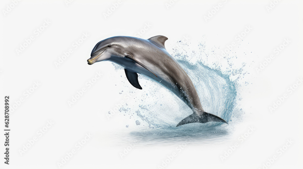 Obraz premium Dolphin jumping out of water, dolphin isolated on white background, dolphin jumping isolated on white.