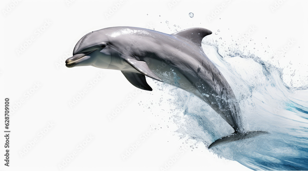 Obraz premium Dolphin jumping out of water, dolphin isolated on white background, dolphin jumping isolated on white.